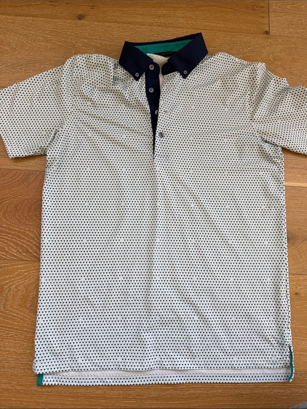 Greyson White Micro-Dot Polo with Navy Collar and Placket